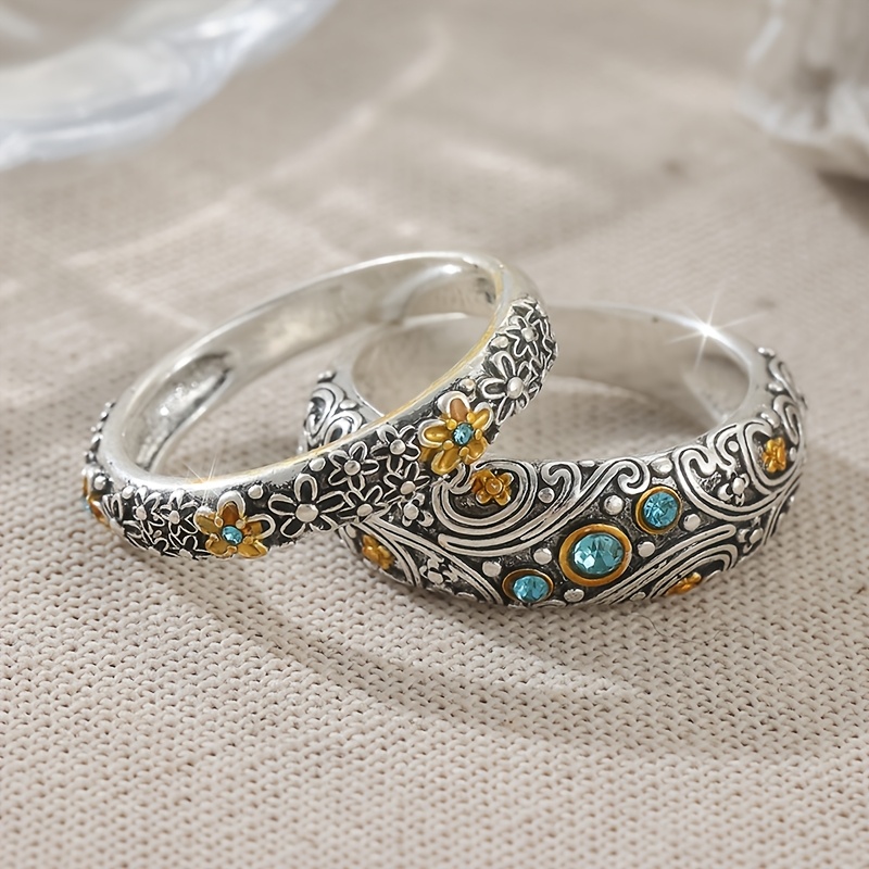 2pcs Vintage Texture Floral Design Exquisite Rings for Women